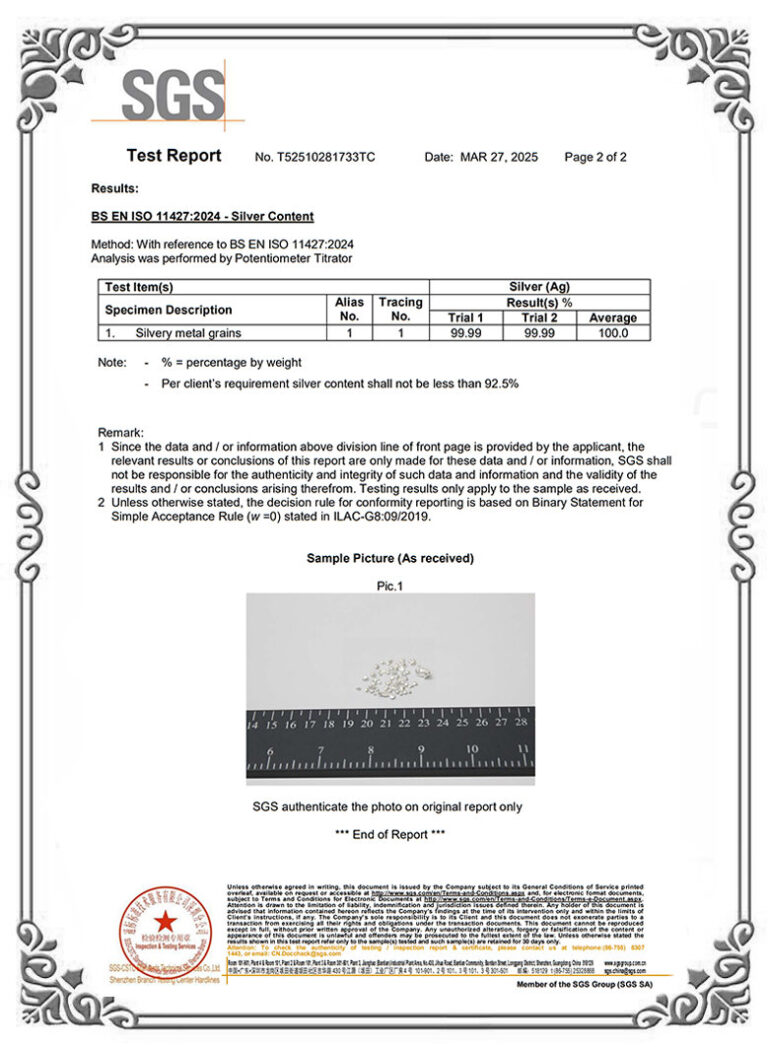 SGS Certificated 999 Silver Grain Content Test